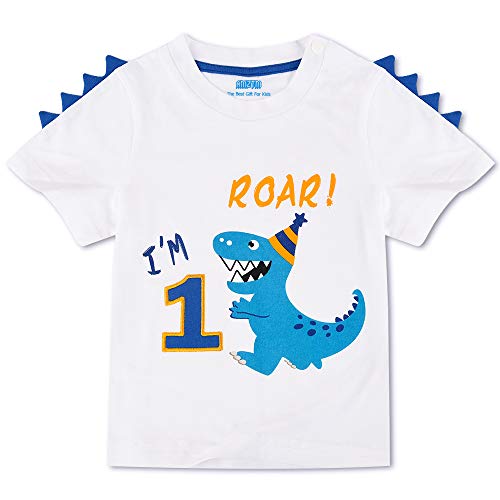 AMZTM Dinosaurio Camiseta de Cumpleaños - 1er Cumpleaños Suministros para la Fiesta Camisetas de Manga Corta para Bebé Niños Estampada Bordado con Cuello Redondo de 100% Algodón Camiseta (Blanca, 90)