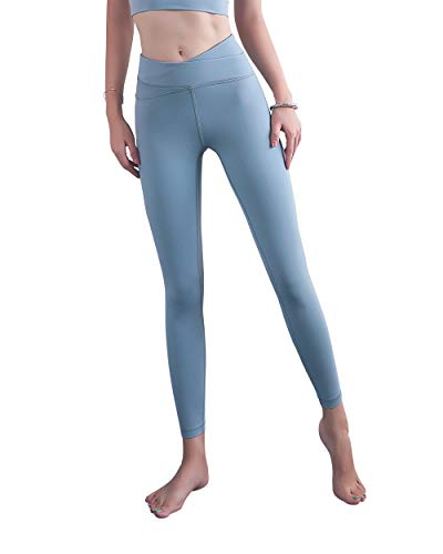 ANIMQUE Leggings de yoga para mujer, diseño cruzado en el vientre, fitness y fitness, con push-up, muy elásticos, color azul grisáceo, XL