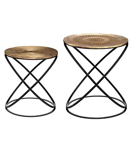 Atmosphera – Juego de 2 mesas auxiliares con pie de metal y tablero de madera, decoración étnica