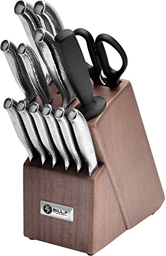 Bill.F - Juego de 14 cuchillos de cocina con bloque y afilador, cuchillos profesionales de acero inoxidable con mango hueco vertical antideslizante y tijeras