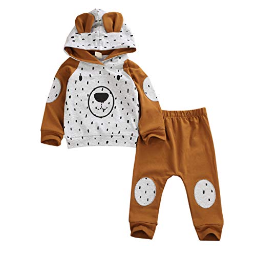 Bowanadacles - Conjunto de 2 piezas de ropa de bebé unisex con capucha de manga larga con estampado de oso + pantalones largos informales lindos de 0 a 24 meses marrón 18-24 meses