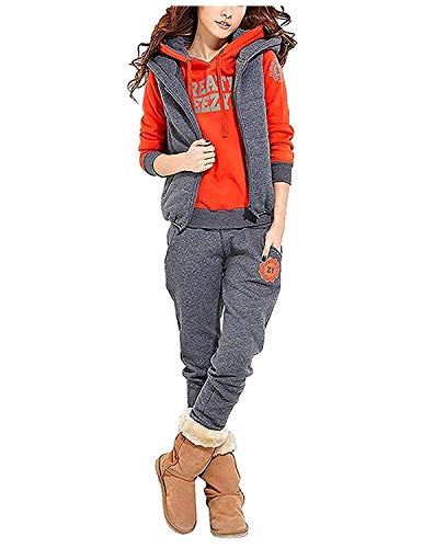 BUOYDM 3piezas Chándales para Mujer Conjuntos Deportivos Hoodie Sweatshirt con Capucha + Chaleco Chaqueta + Pantalones para Otoño e Invierno, Naranja S