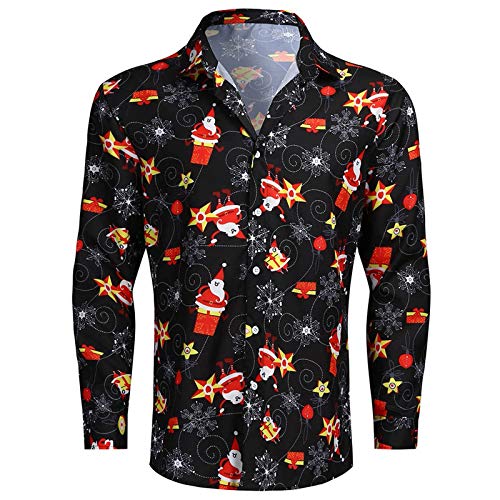 Camisas para Hombre Feo Navidad Muñeco De Nieve Estampado De Copo De Nieve Tops 2020 Moda Estilo étnico Camisetas Delgadas Solapa Manga Larga Vestido De Fiesta Blusas(XL,Negro)