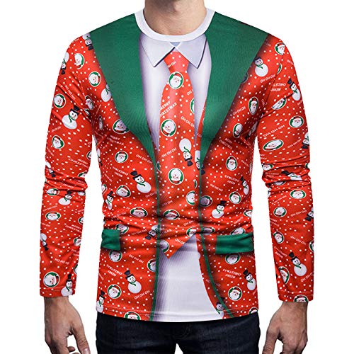 Camisetas De Manga Larga De Otoño para Hombre 2020 Camisas Festivas De Navidad A La Moda Corbata Falsa 3D Camiseta con Estampado De Muñeco De Nieve Blusas Casuales(XL,Rojo)