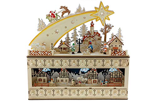 Clever Creations - Calendario de Adviento - Cuenta atrás de 24 días hasta Navidad - 100 % Madera con figuritas pintadas - Forma de Estrella fugaz y Ciudad Nevada - 43,2 x 10,2 x 43,8 cm