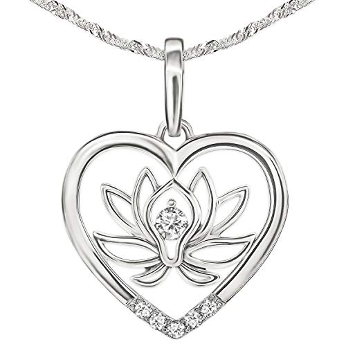 Clever - Juego de joyas para mujer con colgante de corazón de 19 x 17 mm, elegante interior con flor de loto, muchas circonitas brillantes y cadena Singapur de 45 cm, plata de ley 925