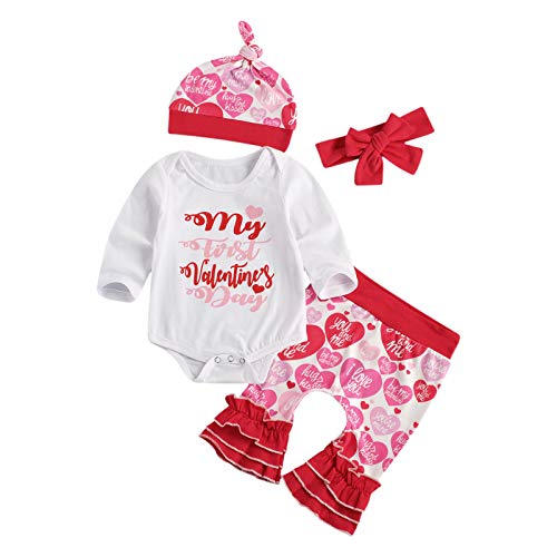 Conjunto de 4 piezas de ropa para recién nacido, de manga larga, con letras, mameluco y pantalones florales, sombrero para los días de San Valentín