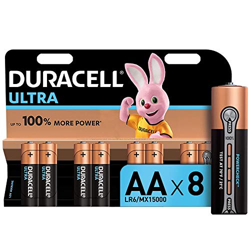 Duracell Ultra AA con Powerchek, Pilas Alcalinas, Paquete de 8, 1.5 Voltios LR06 MX1500
