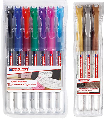 edding Bolígrafo de gel 2185 (colores estándar), 7 unidades, 0,7 mm | negro, rojo, verde, azul, violeta, rosa y azul claro + 3 metalizados – oro, plata, cobre
