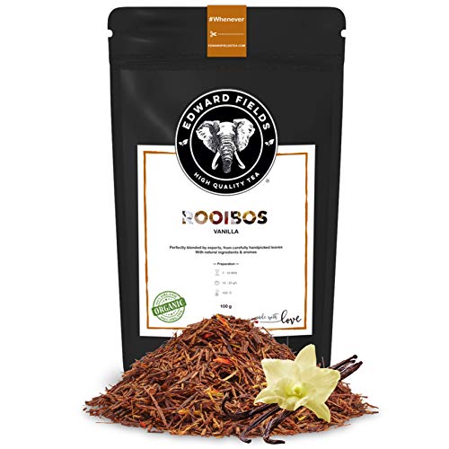 Edward Fields Tea ® - Rooibos orgánico a granel con Vainilla. Rooibos bio recolectado a mano con ingredientes y aromas naturales, 100 gramos, Sudáfrica.