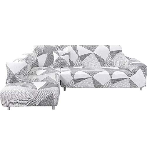 ele ELEOPTION - Funda de sofá elástica, Conjunto de 2 Fundas, para sofá de 3 Personas en Forma de L, Incluye 2 Fundas de cojín, Blanco Geométrico