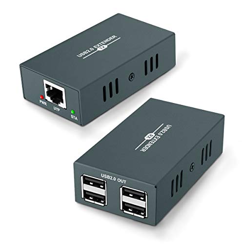 Extensor USB de 50 m con 4 USB 2.0 Hub, sobre Ethernet único Cat5e/6/7 hasta 165 pies (50 m), 2 cámaras web de trabajo sincronización, Plug and Play, no necesita controlador, extensión USB RJ45 LAN