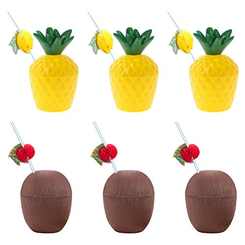 Feelava Hawaiian Luau Vasos de plástico,6 vasos de plástico para bebidas de coco y piña con 6 pajitas de frutas,tazas hawaianas de prevención de fugas y pajitas flexibles para