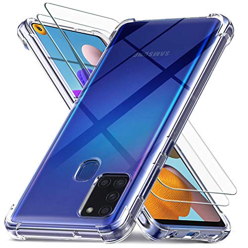 Ferilinso Fundas para Samsung Galaxy A21S con 2 Piezas Protector de Pantalla, Funda Transparente para Samsung Galaxy A21S, Película de Cristal Templado, para Samsung Galaxy A21S