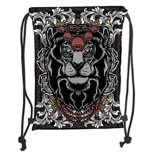 Fevthmii Drawstring Backpacks Bags,King,Forest Jungle Emperor Safari Animal Lion with Medieval Design Frame Print Decorative,Grey White Coral Black Soft Satin,5 Liter Capacity,Adjustable St