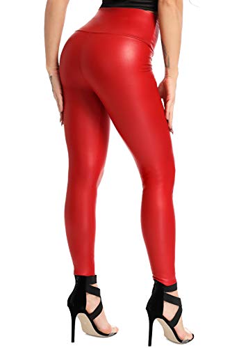 FITTOO PU Leggings Cuero Imitación Pantalón Elásticos Cintura Alta Push Up para Mujer #2 Clásico Rojo S