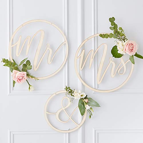 Ginger Ray Aro colgante de madera Mr & Mrs para decoración de boda, paquete de 3, color dorado