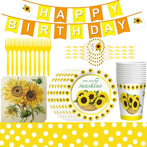 Girasol - 62 piezas Juego de vajilla para fiestas temáticas de girasol para mesa, platos, servilletas, cumpleaños y cumpleaños infantiles