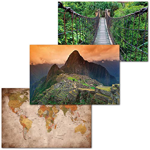 GREAT ART Juego de 3 Carteles XXL – Inca Adventure – Mapa Mundo Machu Picchu Jungla Puente Templo Perú Primavera Bosque Puente Colgante Decoración Interior Cada uno 140 x 100 cm