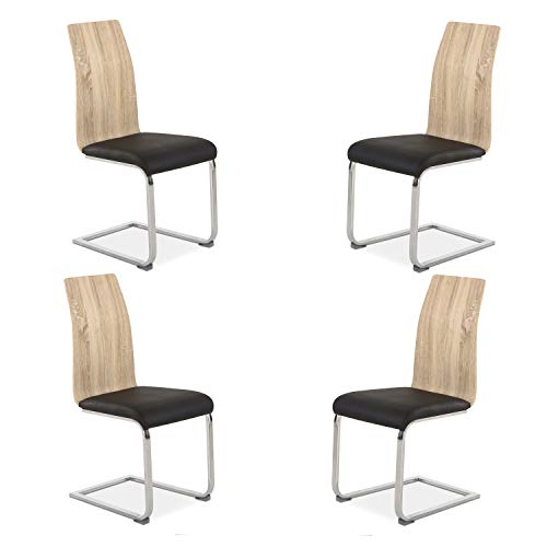 HomeSouth – Pack 4 sillas de Comedor, Silla de salón o Cocina, Acabado en símil Piel Color Negro y Madera, Modelo Sensei, Medidas: 44 cm (Ancho) x 57 cm (Fondo) x 97 cm (Alto)
