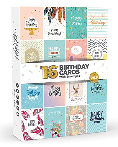 Joy Masters - 16 Tarjetas de Cumpleaños | Paquete Variado con Sobres Blancos en Caja | Combo en Oferta para Hombres y Mujeres - Vol. 3