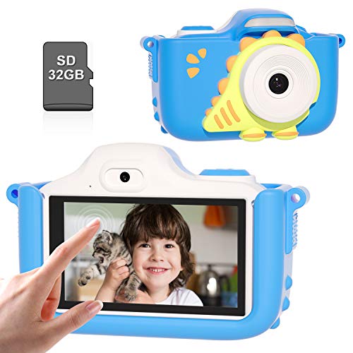 Kriogor Cámara de Fotos para Niños, Cámara Digitale Selfie para Niños con Tarjeta de Memoria Micro SD 32GB,HD 24MP/1080P Doble Objetivo Regalos de Cumpleaños 3 a 12 años Niños y niñas (Azul)