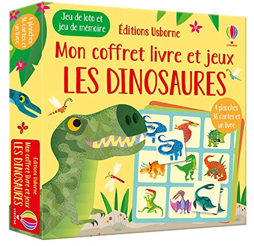 Les dinosaures : Jeu de loto et jeu de mémoire - 4 planches, 36 cartes et un livre (Mon coffret livre et jeux)