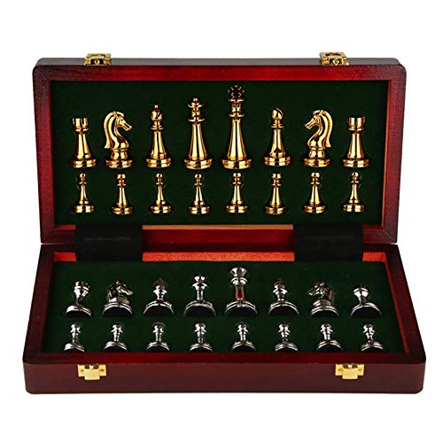 LINWEI Conjunto de ajedrez metálico, ajedrez de Madera con Piezas de Metal, Juego de Juegos de ajedrez de Viaje Plegable para niños para niños Principiantes