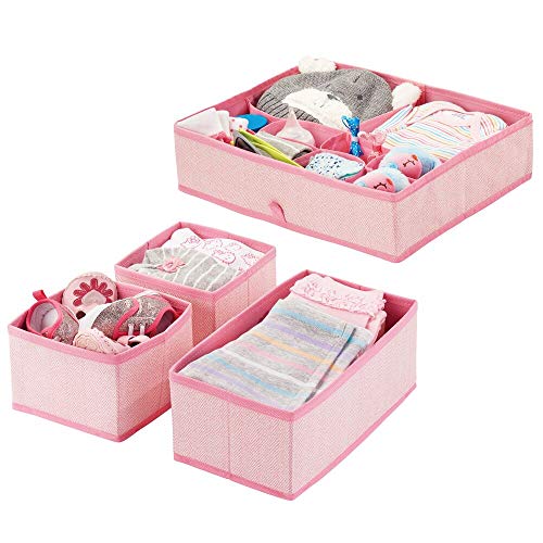 mDesign Juego de 4 cajas organizadoras en polipropileno para habitaciones infantiles – Cestas de tela para accesorios de bebé – Organizadores para armarios de niños o para cajones – rosa