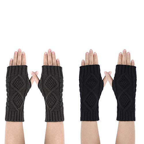 Mitones Guantes de Invierno para Mujeres, Mitones de Punto Brazo Manoplas Calentadores sin dedos, con Agujero de Pulgar Mitones Inviernos Tejidos Finos, 2 Pares