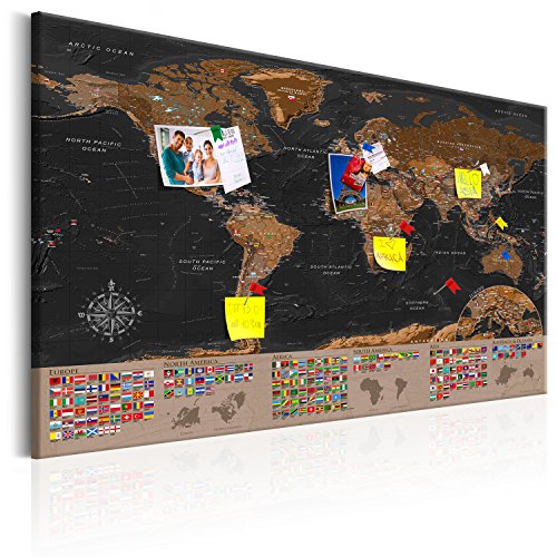murando - Mapamundi con Tablero para Clavar chinchetas 120x80 cm - Cuadro en Lienzo sintético - 1 Parte - Panel de Fibra - Mapa del Mundo Continente - k-A-0205-v-a