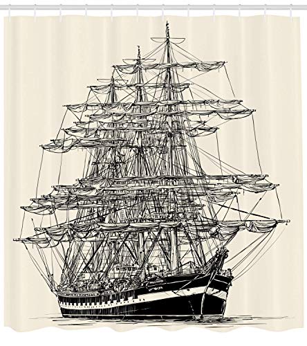 N/ Cortina de ducha de barco pirata, ilustración detallada, diseño náutico, marítimo, estilo vintage, decoración de baño con ganchos, extra larga, color crema, negro, 183 x 183 cm