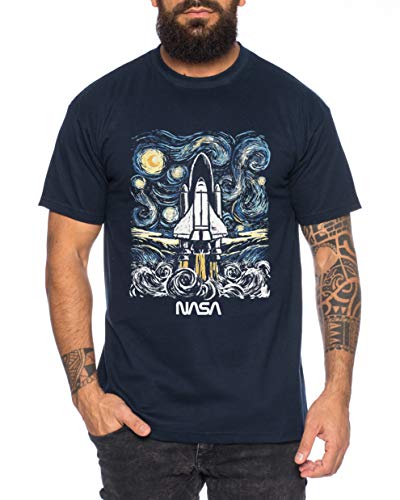 NASA Gogh - Camiseta de Hombre Astronaut Space Rocket Moon Insignia Space Raumfahrt Astronaut Nerd, Farbe2:Azul Oscuro, Größe2:Medium