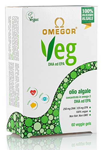 OMEGOR® VEG Omega 3 Vegan - Aceite algal único certificado IFOS | 250 mg de DHA y 125 mg de EPA por cápsula | 60 cápsulas, suministro de 2 meses | 100% Vegan