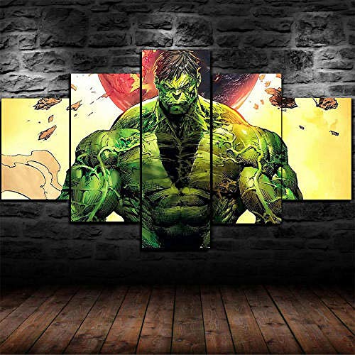 Pintura sobre Lienzo 5 Piezas Cuadro sobre Lienzo-Modernos Mural-5 Piezas Impresión En Lienzo-Listo para Colgar-Decoración Hogar Arte Cuadro Regalo El Hulk Comics Super Hero 150 * 80Cm