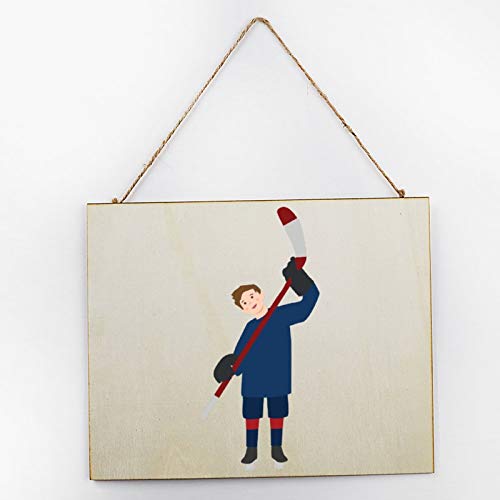Placa de madera pintada a mano para regalo de cocina, sala de estar y decoración hecha a mano por el diseñador de productos vintage Kid Holding Hockey Stick Pattern