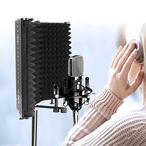PopHMN Escudo de aislamiento de micrófono, Aisladores de micrófono ajustables y plegables con 3 paneles, Espuma absorbente de sonido de micrófono para grabación de sonido de estudio