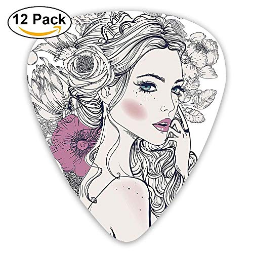 Portrait Of A Beautiful Woman With Flowers On Her Hair And Butterflies Pattern Guitar Picks 12/Pack Set