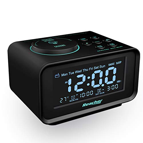 REACHER Radio despertador digital FM con puertos USB, alarma dual, 6 despertadores, función de atenuador, función de repetición, termómetro, temporizador de sueño, tamaño pequeño para dormitorio