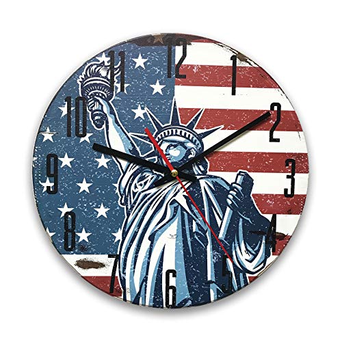 Reloj de pared vintage de MDF, diámetro 30 cm, con dibujo Estatua de la Libertad sobre fondo bandera de Estados Unidos para decorar la casa de forma original