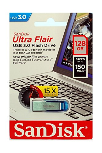 SanDisk Ultra Flair Memoria Flash USB 3.0 de 128 GB con hasta 150 MB/s de Velocidad de Lectura, Color Azul
