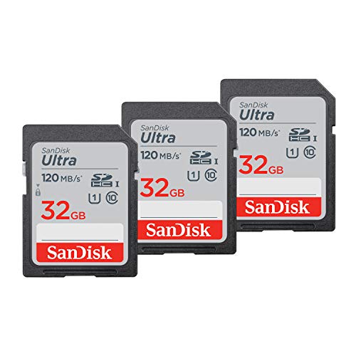 SanDisk Ultra SDHC, Tarjeta de memoria de 32 GB, hasta 120 MB/s, Class 10, UHS-I y V10, 3 Pack