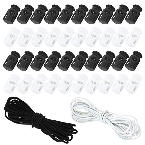 Senhai - Lote de 40 cierres de cordón de resorte (20 negros + 20 blancos) y 2 cuerdas elásticas de 3 mm, botones de cierre deslizantes para cordones de zapatos, ropa, maletas y mochilas