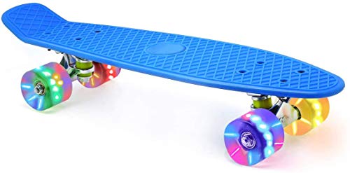 Skevic Skateboard 55cm/22inch para Principiantes Adultos y Niños, Mini Cruiser Retro Skateboard con All-in-One Skate T-Tool, Skateboard con 4 LED PU Ruedas (Azul)