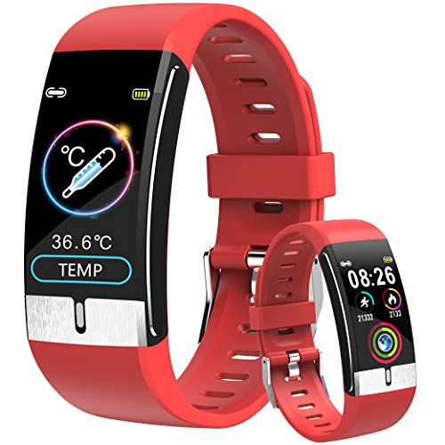 Smartwatch con Medidor de Temperatura Corporal, Reloj Inteligente Medidor de Frecuencia Cardíaca Medidor de Presión del Tiempo Contador de Calorías Podómetro para Hombre y Mujer, Rojo