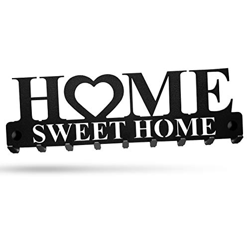 tradeNX Home Sweet Home - Llavero de pared con 9 ganchos de acero en color negro, soporte de pared para chaquetas, llaves o toallas, material de montaje incluido (negro)
