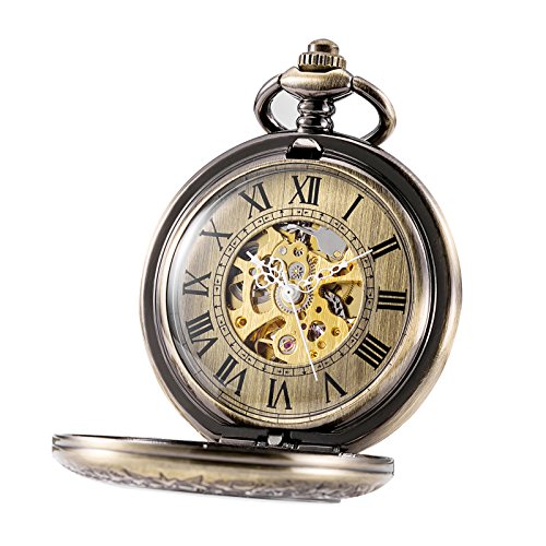 Tree weto Unisex Reloj de bolsillo con cadena Analog cuerda manual Antiguo Esqueleto Lupa Diseño Bronce