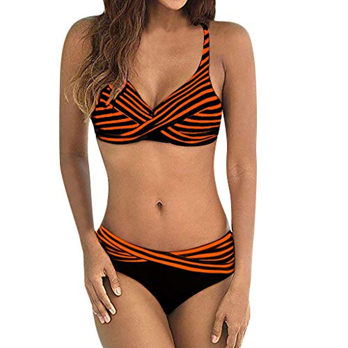 TUDUZ Mujer Bikini Cruzado A Rayas De Ankini De Dos Piezas Tankinis Ropa De Playa Traje De Baño (Naranja, L)