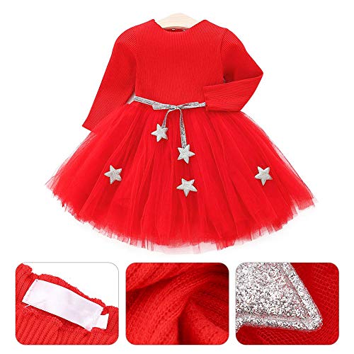 Vestido de tutú de punto con mangas largas para bebés Vestido de tul con princesa infantil y falda con mezcla de algodón con cintura de estrellas para niños(80-rojo)