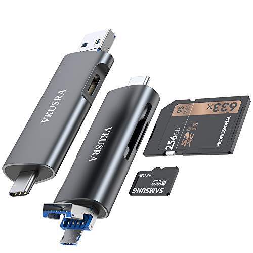 VKUSRA Lector de Tarjetas USB 3.0, 4-en-1 Adaptador Micro USB OTG, Lector Tarjetas Micro SD y Adaptador para PC y Smartphones/Tablets con función OTG